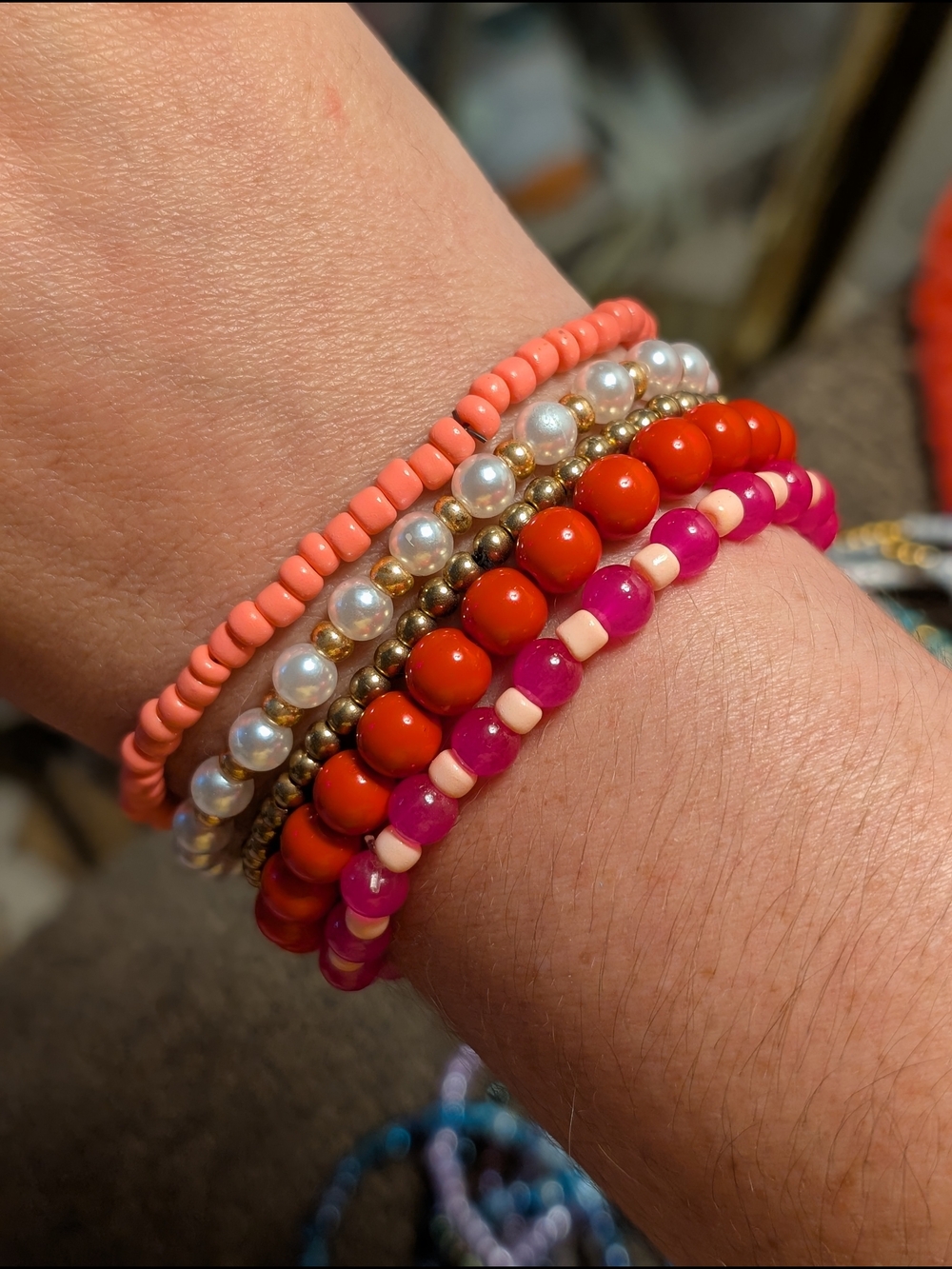 Coral Pink Beaded Bracelets Gold Accents